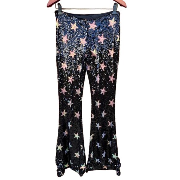 Shein Sequin Star Print Flared Pant Small Black Silver Rave Festival Maximalist - Picture 2 of 14